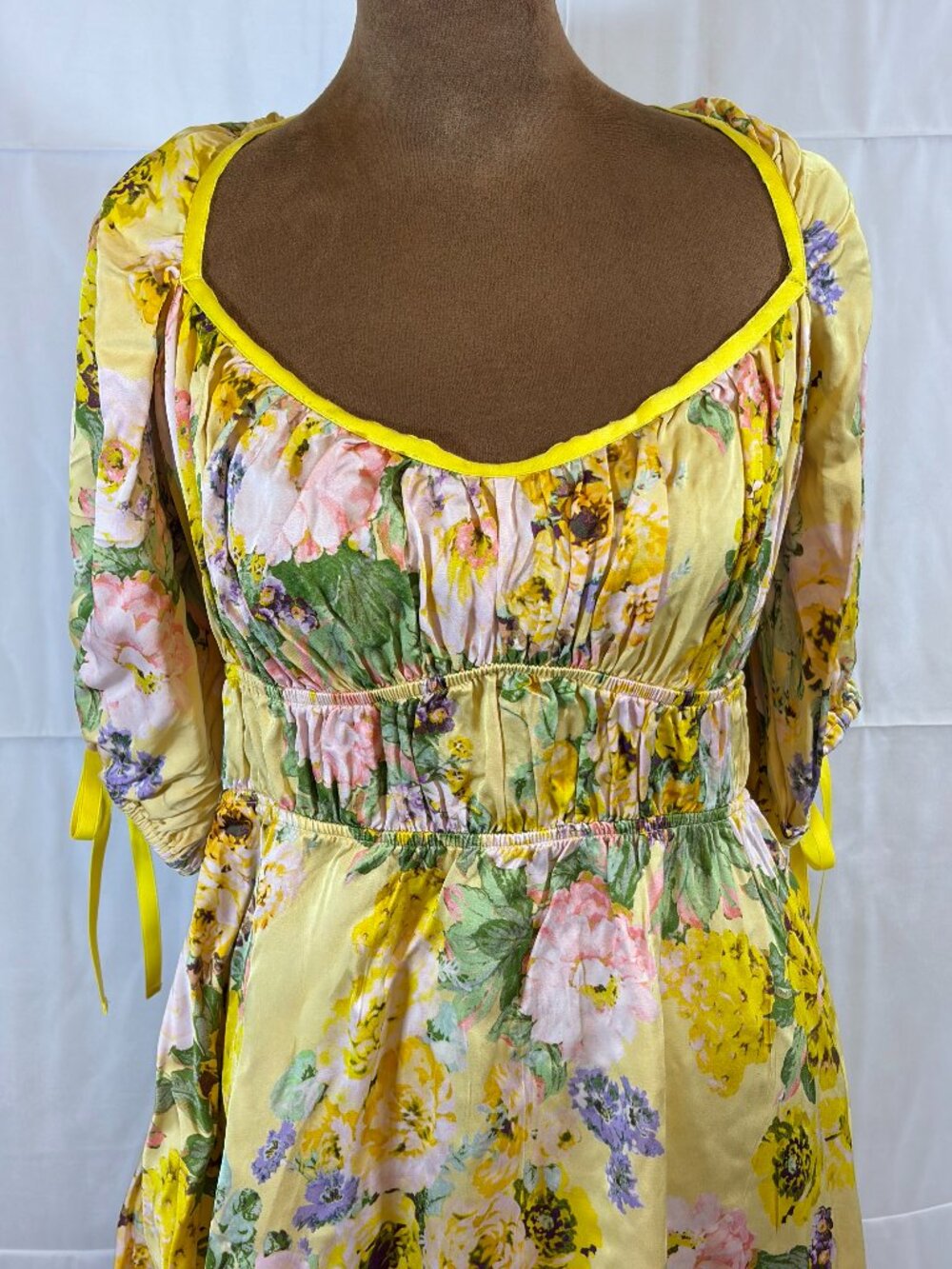 For Love & Lemons Yellow Floral Mini Dress 2X Puff Sleeve Ribbon Tie